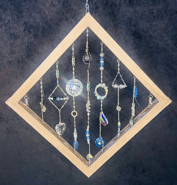 Grey Wood Diamond Shadowbox with blue & grey crystals